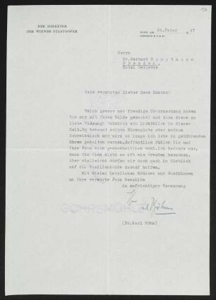 Brief von Karl Böhm von Staatsoper  an Gerhart Hauptmann