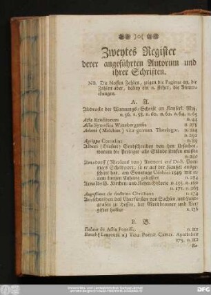 Zweytes Register derer angeführten Autorum und ihrer Schriften.