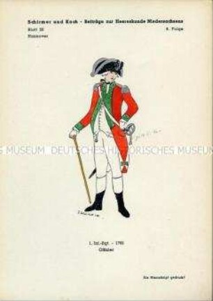 Uniformdarstellung, Offizier des 1. Infanterie-Regiment, Kurfürstentum Hannover, um 1791.