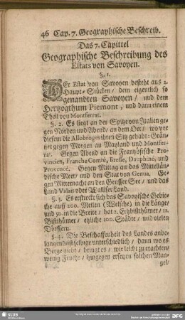 Das 7. Capittel Geographische Beschreibung des Estats von Savoyen