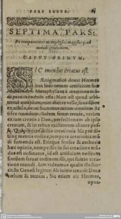 SEPTIMA PARS. De comparatione metaphysici magisterij, ad mundi creationem.