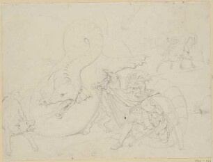 Zu Schillers "Der Kampf mit dem Drachen", Blatt 12: Der Ritter ersticht den Drachen (Entwurf)