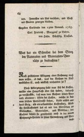 68-81, Was hat ein Schreiber bei dem Sturz der Naturalien und Materialien-Vorräthe zu beachten?