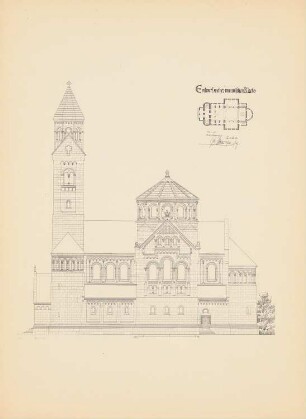 Romanische Kirche: Seitenansicht, Grundriss (aus: Drucke von Seminararbeiten der Königlich Technischen Hochschule Berlin, Bd. III)