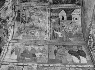 Unten links: Mahlszene mit Maria. Unten rechts: Maria wäscht Petrus die Füsse. Oben links: Das letzte Abendmahl. Oben rechts: Fußwaschung Christi