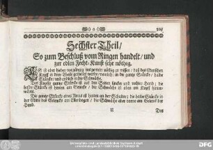 Sechster Theil, So zum Beschluß vom Ringen handelt, und zur edlen Fecht-Kunst sehr nöthig.