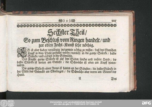 Sechster Theil, So zum Beschluß vom Ringen handelt, und zur edlen Fecht-Kunst sehr nöthig.