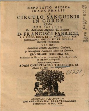 Disputatio Medica Inauguralis De Circulo Sanguinis In Corde