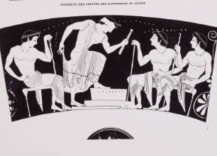 Krater des Euphronios : Vasenmalerei des Euphronios: Bekränzter Ephebe ersteigt das Siegerpodest. Rotfiguriger Kelch-Krater. Höhe 44,8 cm, Durchmesser 55 cm. Attika, um 515/510 vor Christi. Nachzeichnung: Bildstreifen der Rückseite. Paris: Musée du Louvre G 103
