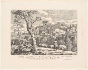 Italienisches Dorf auf einem Hügel, im Vordergrund Ochsenkarren, aus der Folge "Varia Marci Ricci pictoris praestantissimi experimenta", Bl. 5