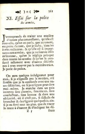 XI. Essai sur la police des armées.