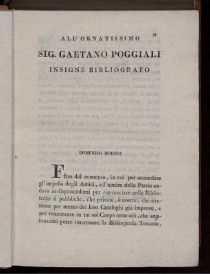 ALL' ORNATISSIMO SIG. GAETANO POGGIALI INSIGNE BIBLIOGRAFO