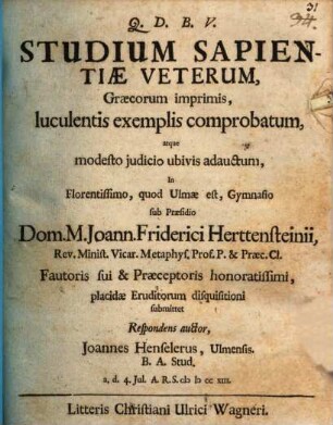 Studium sapientiae Veterum, Graecorum imprimis, luculentis exemplis comprobatum