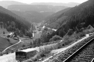 Nussbach: aus dem Zug: Schwarzwaldbahn mit Straße (LKW) bei Nussbach