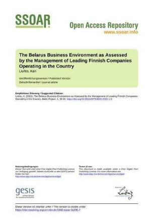 The Belarus Business Environment as Assessed by the Management of Leading Finnish Companies Operating in the Country