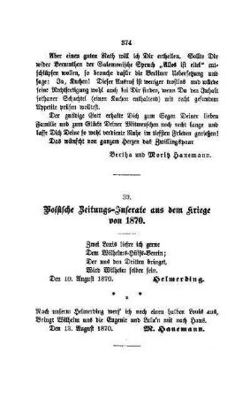 39. Vossische Zeitungs-Inserate aus dem Kriege von 1870