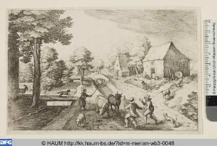 Landstraße an einem Bach mit Bauern und Vieh