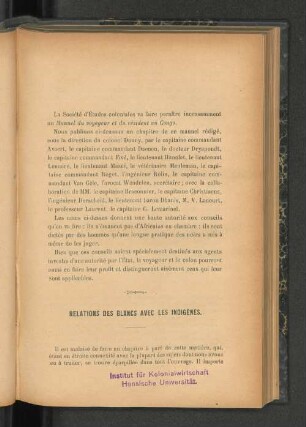 Relations des Blancs avec les Indigenes.