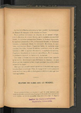 Relations des Blancs avec les Indigenes.