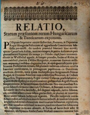 Relatio, Statum praesentem rerum Hungaricarum & Turcicarum exponens