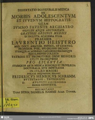Dissertatio Inauguralis Medica De Morbis Adolescentum Et Iuvenum Hippocratis