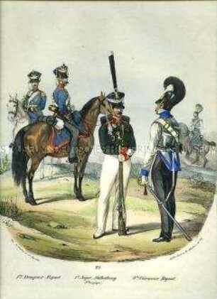 Uniformdarstellung, Trompeter und Dragoner zu Pferd des 1. Dragoner-Regiments, Oberjäger der 1. Jäger-Abteilung, Kürassier des 3. Kürassier-Regiments, Preußen 1830. Aus: Elzholz u.a.: Das Preussische Heer. Tafel 23.