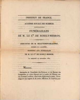 Funérailles de M. le Cte de Rosily-Mesros : discours de M. Beautemps-Beaupré ... le mercredi 14 novembre 1832