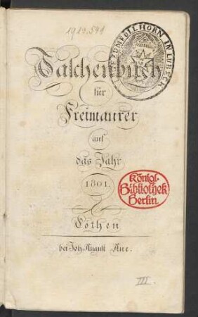 1801: Taschenbuch für Freimaurerauf das Jahr 1801