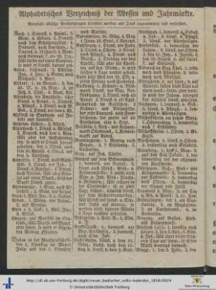 Alphabetisches Verzeichniß der Messen und Jahrmärkte.