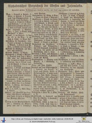 Alphabetisches Verzeichniß der Messen und Jahrmärkte.