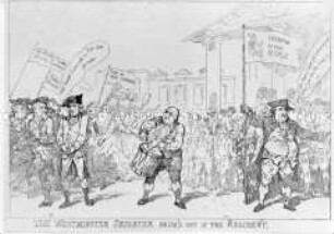 The Westminster Deserter Drum'd out of the Regiment - Karikatur auf Wray und Fox