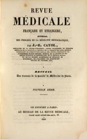 Revue médicale française et étrangère, journal des progrès de la médecine hippocratique. 1848,2, 1848,2
