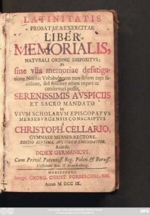 Latinitatis Probatae & Excercitae Liber Memorialis