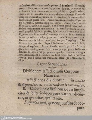 Caput Secundum tradens Divisionem Affecionum Corporis Naturalis.