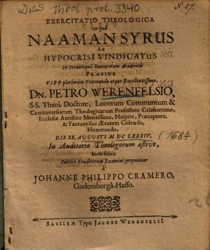 Exercitatio Theologica In qua Naaman Syrus Ab Hypocrisi Vindicatus ... proponitur