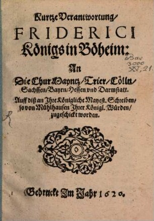 Kurtze Verantwortung Friderici Königs in Böhmen