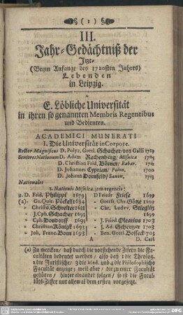 III. Jahr-Gedächtniß der Itzt- (Beym Anfange des 1720sten Jahres) Lebenden in Leipzig