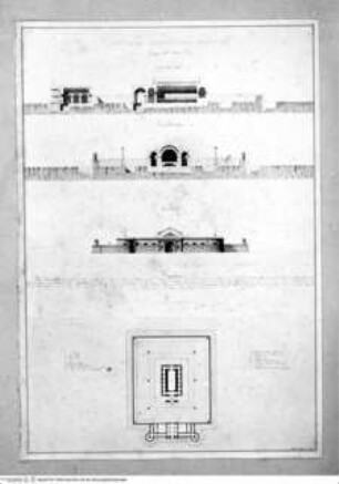 Pulverhaus, Grundriss, Aufriss und zwei Schnitte