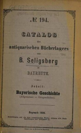 Antiquariats-Katalog. 194. 1886