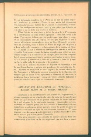 Discurso del Embajador de Venezuela Excmo. Sr. M. A. Pulido Méndez