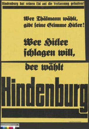 Wahlplakat der SPD zur Reichspräsidentenwahl 1932 für den Kandidaten Paul von Hindenburg