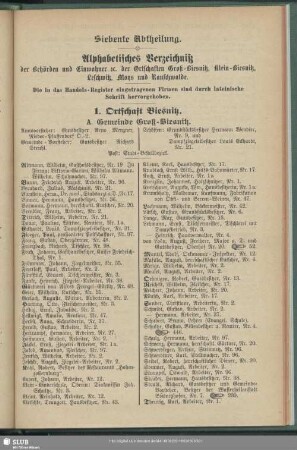 Siebente Abtheilung. Vororte : Alphabetisches Verzeichnis der Behörden und Einwohner etc. der Ortschaften Groß-Biesnitz, Klein-Biesnitz, Leschwitz, Moys und Rauschwalde