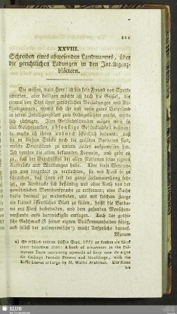 XXVIII. Schreiben eines abwesenden Landmannes, über die gerichtlichen Ladungen in den Intelligenzblättern