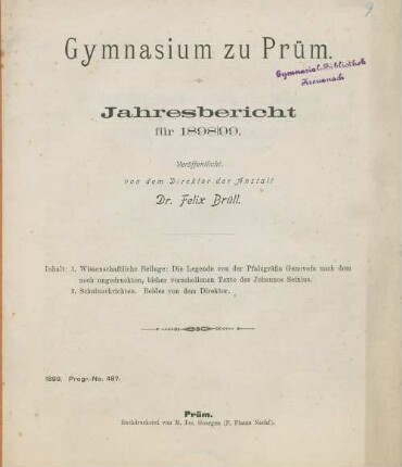 Die Legende von der Pfalzgräfin Genovefa nach dem noch ungedruckten, bisher verschollenen Texte des Johannes Seinius