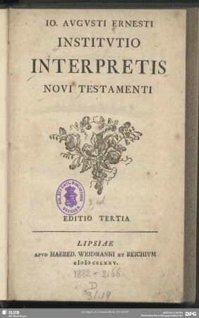 Io. Augusti Ernesti Institutio Interpretis Novi Testamenti