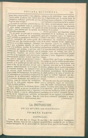 La instrucción en la mujer de sociedad. : Primera parte. [I. Del trabajo intelectual.] (Continuación).
