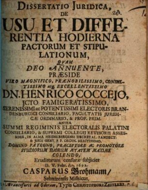 Dissertatio juridica, de usu et differentia hodierna, pactorum et stipulationum
