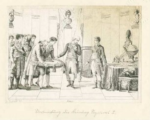 Vorbereitungen zur Krönung Napoleon I. zum Kaiser, Napoleon stehend in Uniform vor Tisch mit Landkarte und Globus, davor Gefolgsleute mit Kaiserkrone auf Kissen, mehrere Büsten Napoleons im Saal