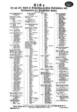 Liste der am 23. April in Schleswig=Holstein Gebliebenen und Verwundeten der Preußischen Armeee.