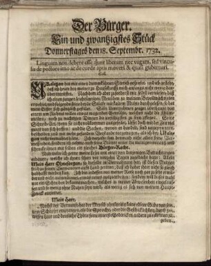 Ein und zwanzigstes Stück Donnerstages den 18. Septembr. 1732.